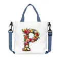White canvas tote bag with floral letter P print and adjustable blue shoulder strap - Flower Letter P Style(16)