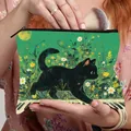 Trousse de maquillage pliable avec chat noir, motif marguerites et fermeture éclair - Sortie de printemps