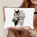 Detail of white canvas cosmetic bag with watercolor horse print and wristlet strap - Watercolor Horse Quote Style (06)