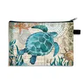 Neceser de lona con mapa náutico vintage, estampado de tortuga y cremallera negra - Estilo Tortuga Mapa Náutico (01)