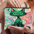 Trousse à maquillage pliable avec illustration chat vert et fermeture éclair noire - Motif Coloré