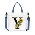 Borsa tote in tela bianca con lettera V floreale e tracolla blu regolabile in tessuto - Lettera Y(Y25)