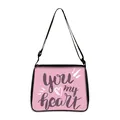 Pink heart print shoulder bag with black adjustable strap and artistic lettering - Large / You My Heart Pink (21)