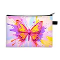 Draagbare make-uptas met levendige roze en gele 3D-vlinderprint op wit canvas materiaal - 3D Visueel Levendige Vlinder (15)