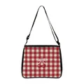 Rosa Gingham-Tragetasche mit Kirschdruck, rosa Schleife und verstellbarem schwarzen Gurt - Klein / Rote Kirsche (01)