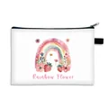 Neceser de lona blanca con estampado de arcoíris floral y cremallera negra duradera - Estilo Arco Iris Fresa Floral (02)