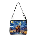 Sac bandoulière artistique avec vache Highland et tournesol avec sangle noire réglable - Petit / Style 02 (Vache Des Highlands Style Nuit Étoilée De Van Gogh)