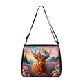 Sac à bandoulière vache des Highlands avec motifs tournesols et sangle réglable - Petit / Style 04 (Illustration Champ De Fleurs Au Coucher Du Soleil Vache Des Highlands)