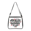 White canvas heart shoulder bag with black strap and my heart belongs to you print - Large / Belongs To You Script (23)