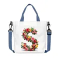 White canvas tote bag with floral S letter print and adjustable blue shoulder strap - Flower Letter S Style(19)