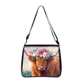 Sac fourre-tout vache des Highlands avec imprimé fleuri et bandoulière réglable - Style 08 (Vache Des Highlands Artistique Décontractée Avec Fleurs Roses)