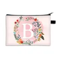 Pink canvas makeup bag featuring letter B with floral wreath and black zipper closure - Letter B Style / Large