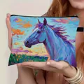 Artistic horse oil painting makeup bag with large capacity and portable side handle strap - Oil Painting Purple Horse Style (08)