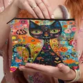 Trousse à maquillage avec imprimé chat pop art, motifs floraux et fermeture éclair noire - Motif Coloré