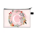 Pink floral alphabet C makeup bag with zipper and handle for travel storage - Letter C Style / Large