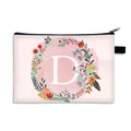 Pink cosmetics bag with floral wreath and letter D print, zipper and black handle - Letter D Style / Large
