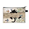 Trousse à maquillage en toile blanc cassé avec motif chat, fleurs et zip métallique - Traverser la Clôture