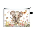 Waterproof elephant print makeup bag with zipper and floral watercolor pattern - Cute Elephant Flower Field Style