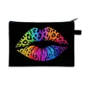 Black canvas makeup bag featuring a rainbow leopard print lip pattern with zip closure - Black Rainbow Leopard Lip (12)