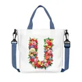 White canvas tote bag with floral letter U design and blue detachable shoulder strap - Flower Letter U Style(21)