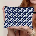 Portable navy blue makeup bag with white horse and daisy print and secure zipper closure - Horse and Daisy Dark Blue Style (05)