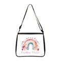 White canvas crossbody bag with colorful rainbow and flower print featuring black straps - Small / Rainbow Flower Strawberry (01)