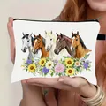 Canvas makeup bag with five horse illustrations and colorful floral prints for women - Five Horses Colorful Flowers Style (07)