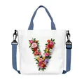 White canvas tote bag with floral letter V print and blue detachable shoulder strap - Flower Letter V Style(22)