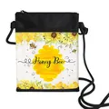 Detail of sunflower and honey bee print on a black vertical crossbody phone bag - 07-Sunflower Bee Honeycomb Style
