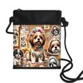 Kleine zwarte crossbody tas met schattig hondenpatroon en verstelbare band - Omkranste Shih Tzu met Verschillende Puppy Rassen (12)