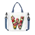 White canvas tote bag with floral letter W print, blue top handles and adjustable shoulder strap - Flower Letter W Style(23)