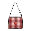Retro red checkered tote bag with apple print and black adjustable shoulder strap - Red White Plaid Apple (09)