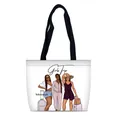 Bolso tote minimalista de lona blanca con estampado de viaje y asas negras - Estampado de Tema de Viaje de Chicas (03)