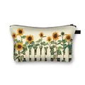 Sunflower print large capacity cosmetic bag with pastoral floral design and zipper - Sunflower with White Fence