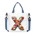 White canvas tote bag with floral letter X pattern and blue adjustable strap - Flower Letter X Style(24)