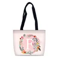 Pink large canvas tote bag with floral wreath and letter F print, black top handles - Style F