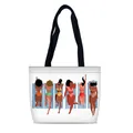 Bolso tote de lona blanca con ilustración de chicas en la playa y asas negras - Estampado de Chicas de Playa de Verano (01)