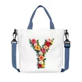 White canvas tote bag with blue handles and floral letter Y print and detachable strap - Flower Letter Y Style(25)