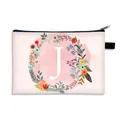 Pink double-sided printed cosmetic bag with floral wreath and letter J monogram - Letter J Style / Large