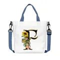 Borsa tote in tela bianca con lettera F a fiori e tracolla regolabile blu scuro - Lettera F(F06)