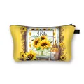 Sunflower pattern dumpling makeup bag with Hello print and black zipper on white background - Hello Sunflower Bee with Vintage Kettle