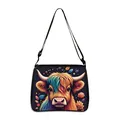 Sac bandoulière avec motif de vache d'Ecosse, imprimé fleuri et sangle ajustable - Style 10 (Vache Des Highlands Décorée De Fleurs Et Feuilles Colorées)