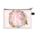 Pink canvas cosmetic bag with zipper and floral alphabet K print for travel - Letter K Style / Large