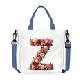 White canvas tote bag with floral letter Z print and adjustable blue shoulder strap - Flower Letter Z Style(26)