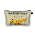 Sunflower print makeup bag in beige with black zipper and top handle for women - Sunflower Cluster with Text