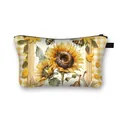 Sunflower and bee print makeup bag with yellow gingham pattern borders and zipper - Yellow and White Grid Sunflower Bike Illustration