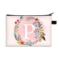Pink floral toiletry bag with watercolor letter P design and black zipper closure - Letter P Style / Large