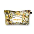 Floral sunflower makeup bag with Honey Bee print and side handle for travel storage - Flowers Honey Bee Watercolor Illustration