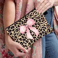 Leopard print makeup bag with pink bow accent and zipper closure for cosmetics - Leopard Print Hand-drawn Pink Bow Style (04)
