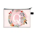 Pink multipurpose makeup bag featuring floral letter Q design and top zipper closure - Letter Q Style / Large